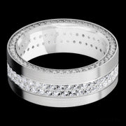 8 mm wide/Flat/14K White Gold band with a Side Eternity arrangement of .01 carat Round Diamond stones in a Bead Channel setting and featuring a a 2 Row Eternity arrangement of .015 carat Round Diamond stones in a Bead Channel setting