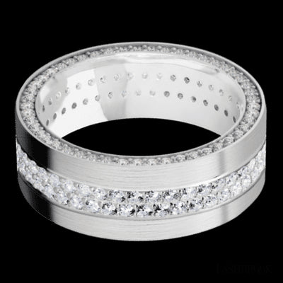 8 mm wide/Flat/14K White Gold band with a Side Eternity arrangement of .01 carat Round Diamond stones in a Bead Channel setting and featuring a a 2 Row Eternity arrangement of .015 carat Round Diamond stones in a Bead Channel setting