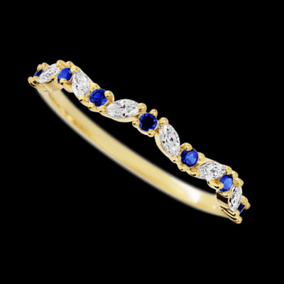 14K Yellow Gold band with alternating 8 Round Sapphire and 7 Marquise Lab Grown Diamond having TCW-.33