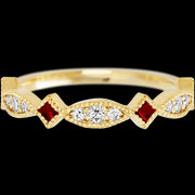 14K Yellow Gold band with alternating 7 Round Lab Grown Diamond, 6 Round Lab Grown Diamond and 4 Princess Dark Ruby having TCW-.51