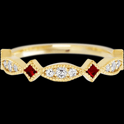 14K Yellow Gold band with alternating 7 Round Lab Grown Diamond, 6 Round Lab Grown Diamond and 4 Princess Dark Ruby having TCW-.51