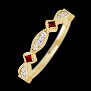 14K Yellow Gold band with alternating 7 Round Lab Grown Diamond, 6 Round Lab Grown Diamond and 4 Princess Dark Ruby having TCW-.51