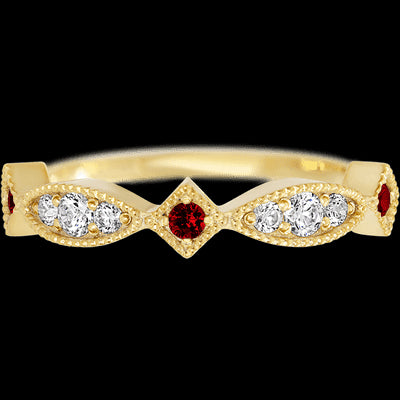 14K Yellow Gold band with alternating 3 Round Dark Ruby, 2 Round Lab Grown Diamond and 4 Round Lab Grown Diamond having TCW-.27