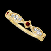 14K Yellow Gold band with alternating 3 Round Dark Ruby, 2 Round Lab Grown Diamond and 4 Round Lab Grown Diamond having TCW-.27