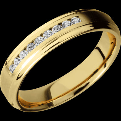 5 mm wide/Flat Grooved Edges/14K Yellow Gold band with an  arrangement of 9, .03 carat Round Diamond stones in a Channel setting.