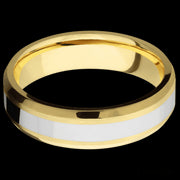 6 mm wide/Beveled/14K Yellow Gold band with one 3 mm Centered inlay of 14K White Gold.