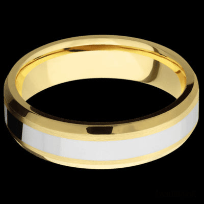 6 mm wide/Beveled/14K Yellow Gold band with one 3 mm Centered inlay of 14K White Gold.