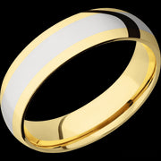 6 mm wide/Domed/14K Yellow Gold band with one 3 mm Centered inlay of 14K White Gold.