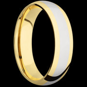 6 mm wide/Domed/14K Yellow Gold band with one 3 mm Centered inlay of 14K White Gold.