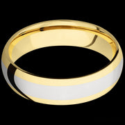 6 mm wide/Domed/14K Yellow Gold band with one 3 mm Centered inlay of 14K White Gold.