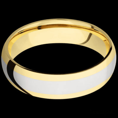 6 mm wide/Domed/14K Yellow Gold band with one 3 mm Centered inlay of 14K White Gold.