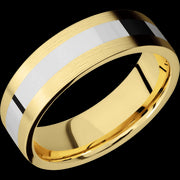 7 mm wide/Flat/14K Yellow Gold band with one 3 mm Centered inlay of 14K White Gold.