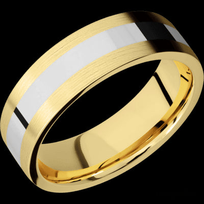 7 mm wide/Flat/14K Yellow Gold band with one 3 mm Centered inlay of 14K White Gold.