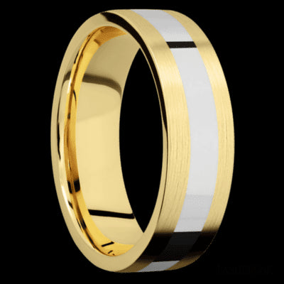 7 mm wide/Flat/14K Yellow Gold band with one 3 mm Centered inlay of 14K White Gold.