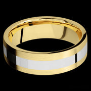 7 mm wide/Flat/14K Yellow Gold band with one 3 mm Centered inlay of 14K White Gold.