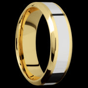 7 mm wide/High Bevel/14K Yellow Gold band with one 3 mm Centered inlay of 14K White Gold.