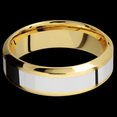 7 mm wide/High Bevel/14K Yellow Gold band with one 3 mm Centered inlay of 14K White Gold.