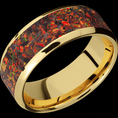 8 mm wide/Beveled/14K Yellow Gold band with one 6 mm Centered inlay of Red Opal.
