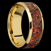 8 mm wide/Beveled/14K Yellow Gold band with one 6 mm Centered inlay of Red Opal.