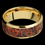 8 mm wide/Beveled/14K Yellow Gold band with one 6 mm Centered inlay of Red Opal.