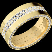 8 mm wide/Flat/14K Yellow Gold band with a Side Eternity arrangement of .01 carat Round Diamond stones in a Bead Channel setting and featuring a a 2 Row Eternity arrangement of .015 carat Round Diamond stones in a Bead Channel setting