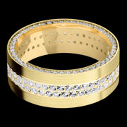 8 mm wide/Flat/14K Yellow Gold band with a Side Eternity arrangement of .01 carat Round Diamond stones in a Bead Channel setting and featuring a a 2 Row Eternity arrangement of .015 carat Round Diamond stones in a Bead Channel setting