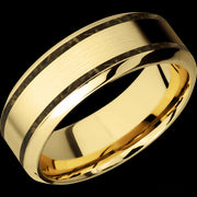 8 mm wide/High Bevel/14K Yellow Gold band with two 1 mm Wide inlays of Gold Tiger Eye.