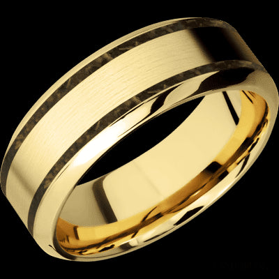 8 mm wide/High Bevel/14K Yellow Gold band with two 1 mm Wide inlays of Gold Tiger Eye.