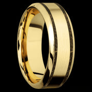 8 mm wide/High Bevel/14K Yellow Gold band with two 1 mm Wide inlays of Gold Tiger Eye.