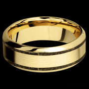 8 mm wide/High Bevel/14K Yellow Gold band with two 1 mm Wide inlays of Gold Tiger Eye.