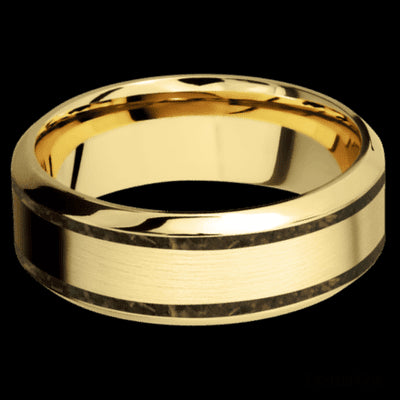 8 mm wide/High Bevel/14K Yellow Gold band with two 1 mm Wide inlays of Gold Tiger Eye.