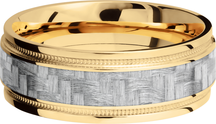 14K Yellow Gold 8mm flat band with grooved edges and a 4mm inlay of black Carbon Fiber inside reverse milgrain detail