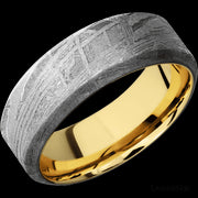 8 mm wide High Bevel Meteorite band featuring a 14K Yellow Gold sleeve.