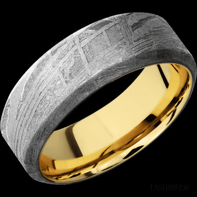 8 mm wide High Bevel Meteorite band featuring a 14K Yellow Gold sleeve.