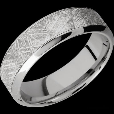 7 mm wide/High Bevel/18K White Gold band with one 4 mm Centered inlay of Meteorite.