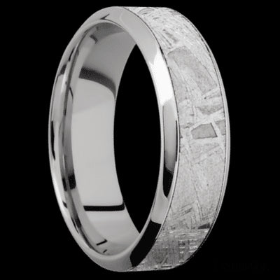 7 mm wide/High Bevel/18K White Gold band with one 4 mm Centered inlay of Meteorite.