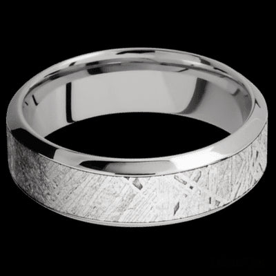 7 mm wide/High Bevel/18K White Gold band with one 4 mm Centered inlay of Meteorite.