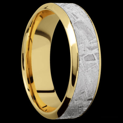 7 mm wide/High Bevel/18K Yellow Gold band with one 4 mm Centered inlay of Meteorite.