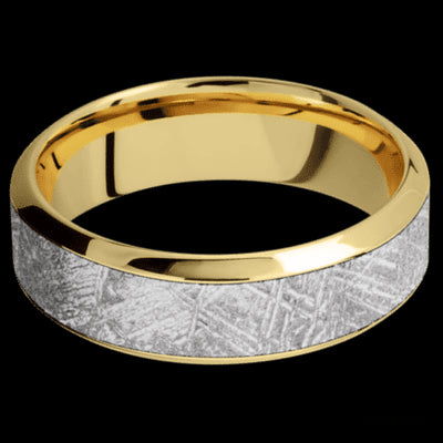 7 mm wide/High Bevel/18K Yellow Gold band with one 4 mm Centered inlay of Meteorite.