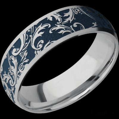 7 mm wide/Domed/Titanium band with a laser carved Black Leaf pattern.