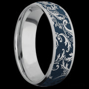 7 mm wide/Domed/Titanium band with a laser carved Black Leaf pattern.