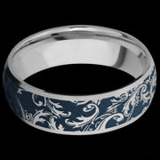 7 mm wide/Domed/Titanium band with a laser carved Black Leaf pattern.