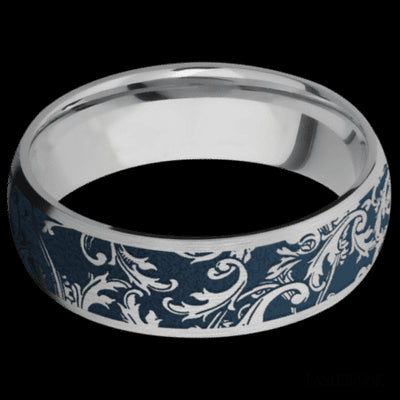7 mm wide/Domed/Titanium band with a laser carved Black Leaf pattern.