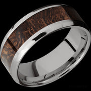 8 mm wide/Beveled/Titanium band with one 5 mm Centered inlay of Sapele.