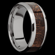 8 mm wide/Beveled/Titanium band with one 5 mm Centered inlay of Sapele.