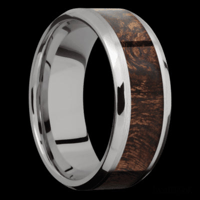 8 mm wide/Beveled/Titanium band with one 5 mm Centered inlay of Sapele.