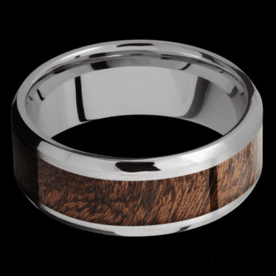 8 mm wide/Beveled/Titanium band with one 5 mm Centered inlay of Sapele.