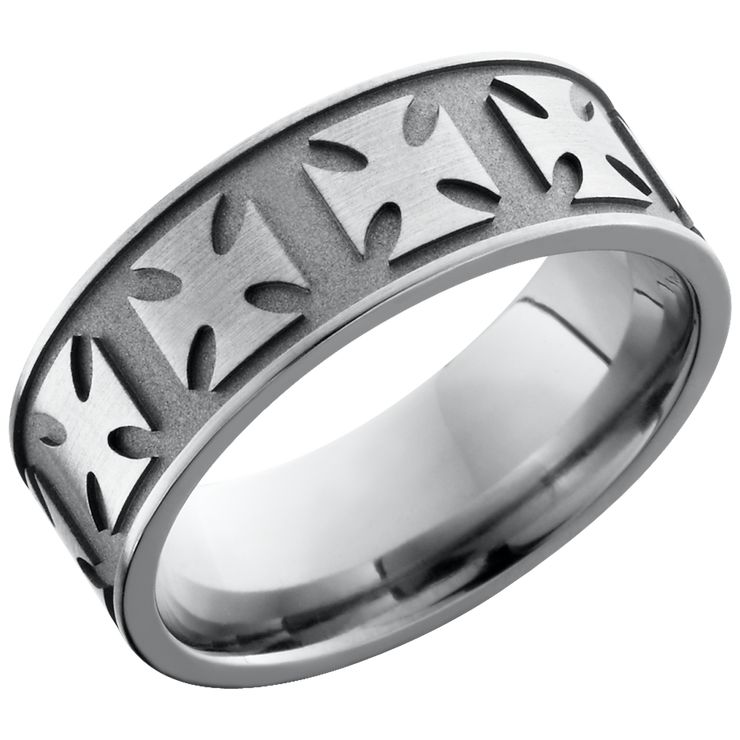 Titanium 8mm flat band with grooved edges and a laser-carved maltese pattern
