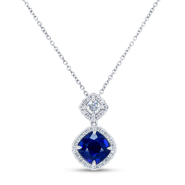 Uneek Precious Collection Halo Cushion Cut Blue Sapphire Brooch Pendant