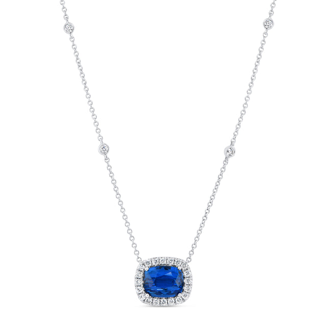 Uneek Precious Collection Halo Cushion Cut Blue Sapphire Brooch Pendant